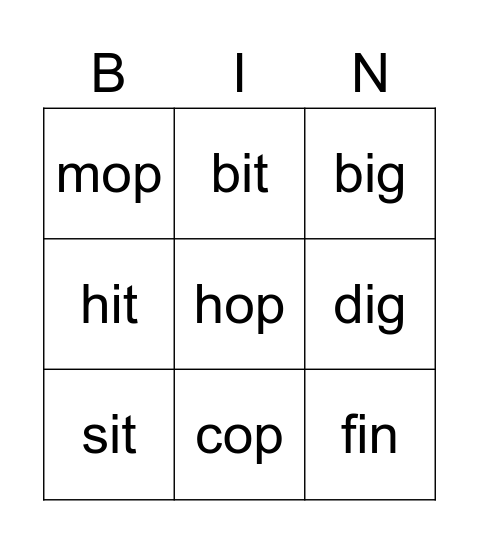 Short o and i Bingo Card
