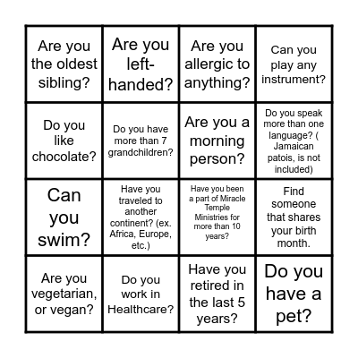 Fellowship BINGO Card