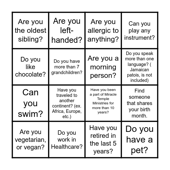 Fellowship BINGO Card