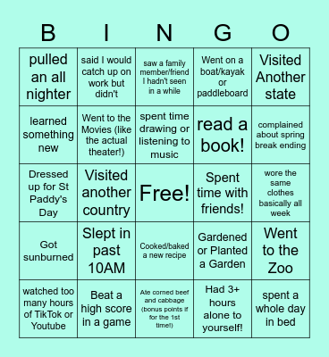 FCA Spring Break 2022 Bingo Card