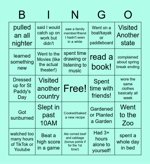 FCA Spring Break 2022 Bingo Card
