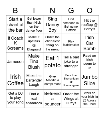 2022 St Patrick's Day Pub Crawl Bingo Card
