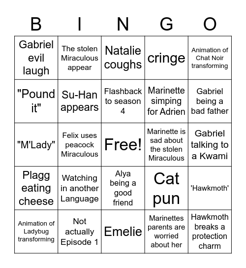 Season 5 First episode Bingo Card