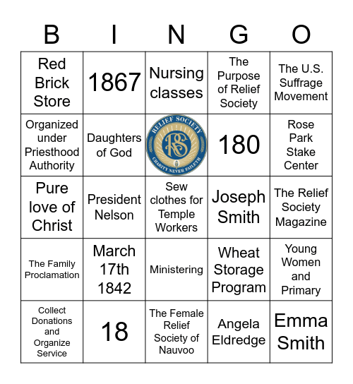 Relief Society Birthday Bingo Card