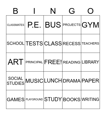 BACK TO SCHOOL Bingo Card