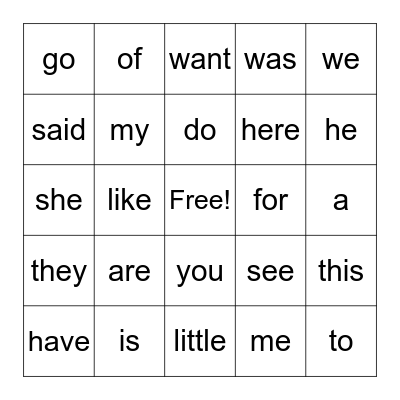 Sight Words Bingo Card