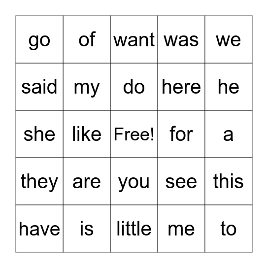 Sight Words Bingo Card