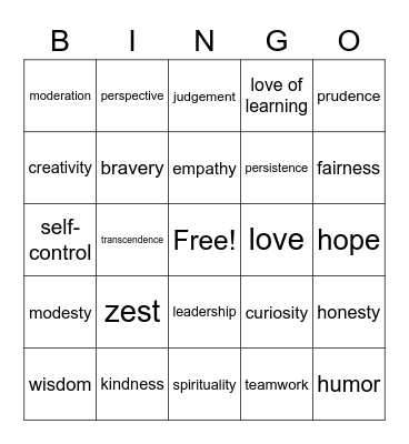 Strengths and Virtues Bingo Card