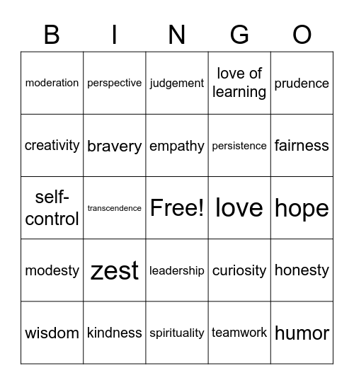 Strengths and Virtues Bingo Card