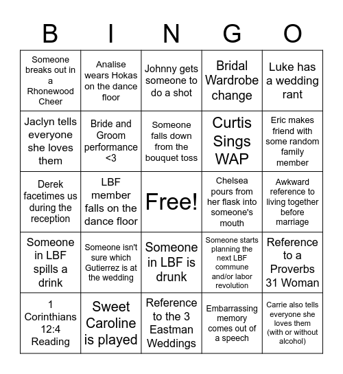 Eastman-Hawkins Weding Bingo Card