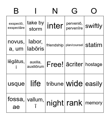 Latin Vocabulary Bingo Card