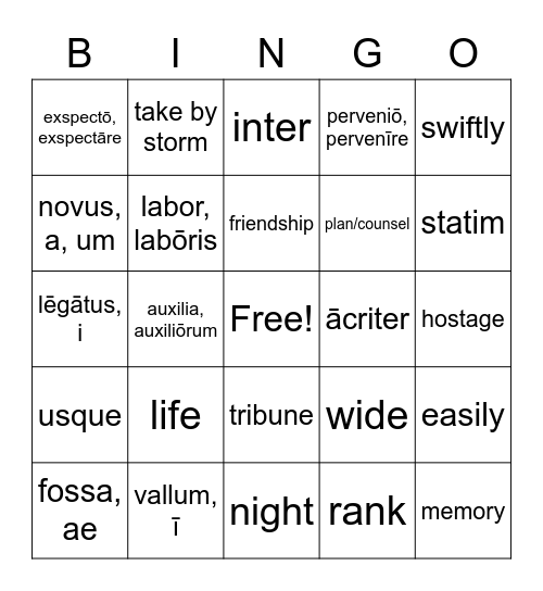 Latin Vocabulary Bingo Card