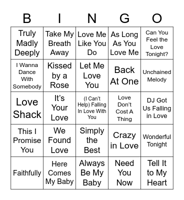 Kellie's Love Song Bingo Card