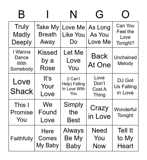 Kellie's Love Song Bingo Card