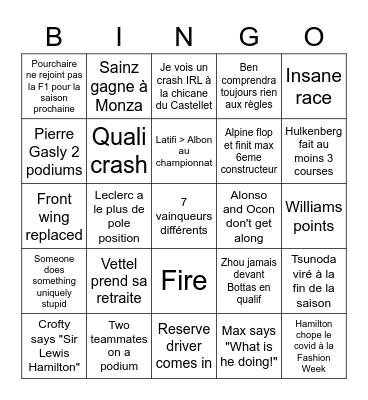 F1 2022 Bingo Card