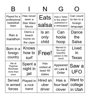 Getting To Know You Bingo Card