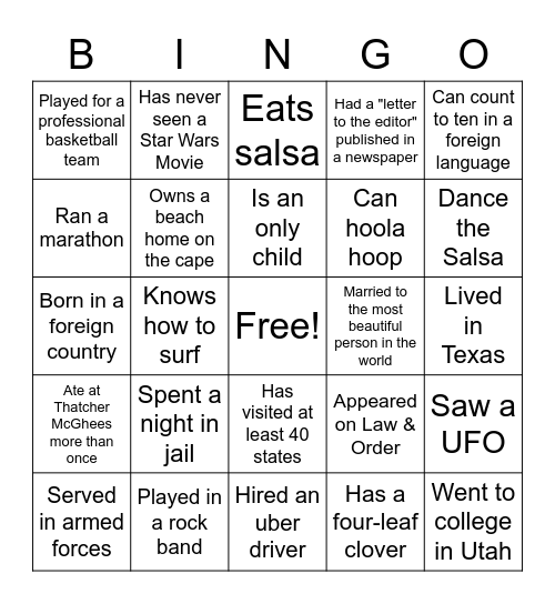 Getting To Know You Bingo Card