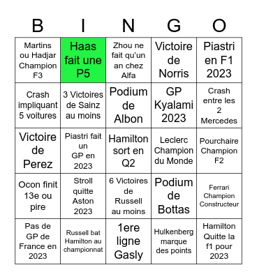 BINGO F1 2022 Bingo Card