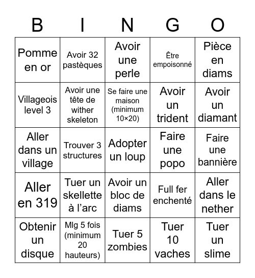 Minecraft bingo Card