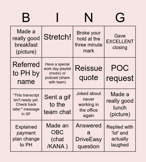 Remote Work Bingo Card