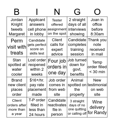 Personnel Partners Bingo Card