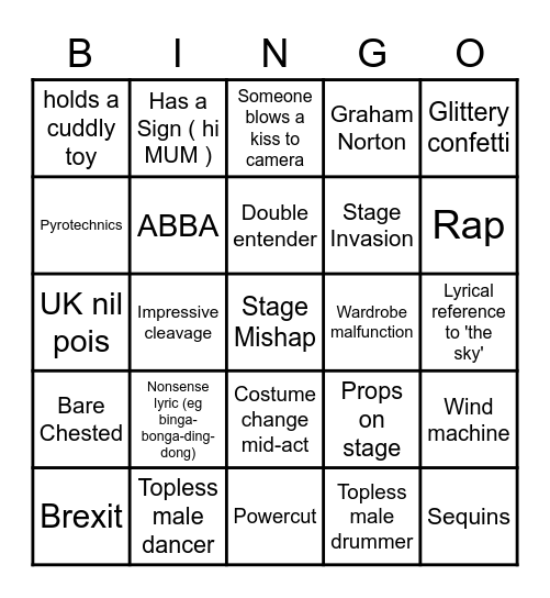 Eurovison 2022 Bingo Card