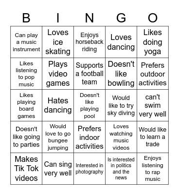 Interests & Hobbies Bingo Card