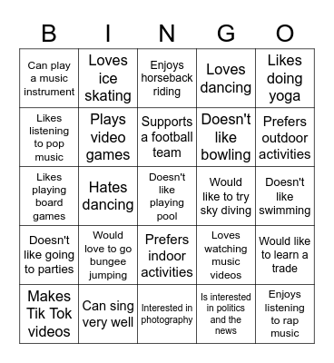 Interests & Hobbies Bingo Card