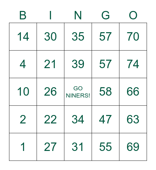 NINER BASEBALL BINGO Card