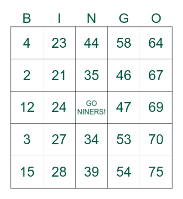 NINERS BASEBALL BINGO Card