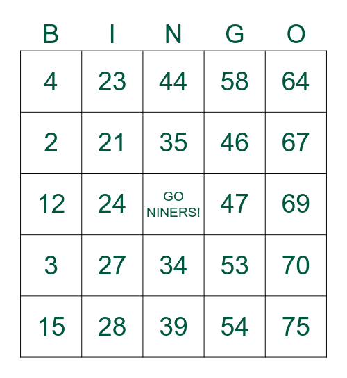 NINERS BASEBALL BINGO Card