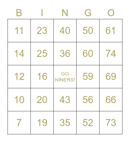 NINERS BASEBALL BINGO Card