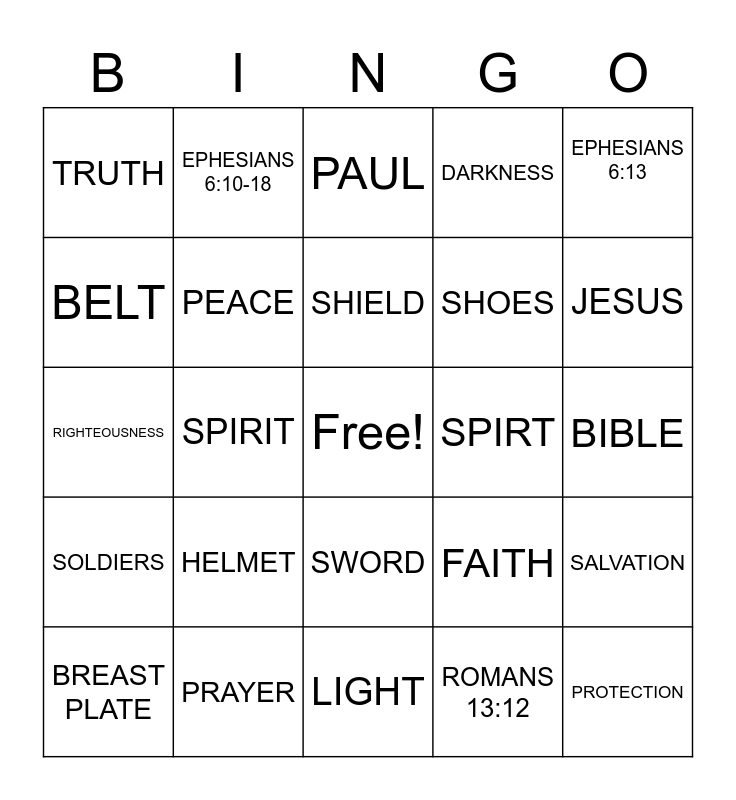 ARMOR OF GOD Bingo Card