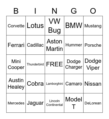 Cars Brands Bingo Card