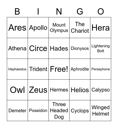 Greek Gods of the Odyssey Bingo Card