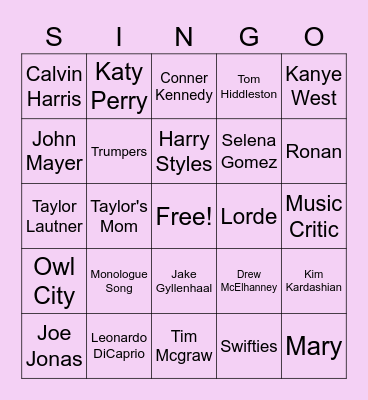 Taylor Swift Influectial People Bingo Card