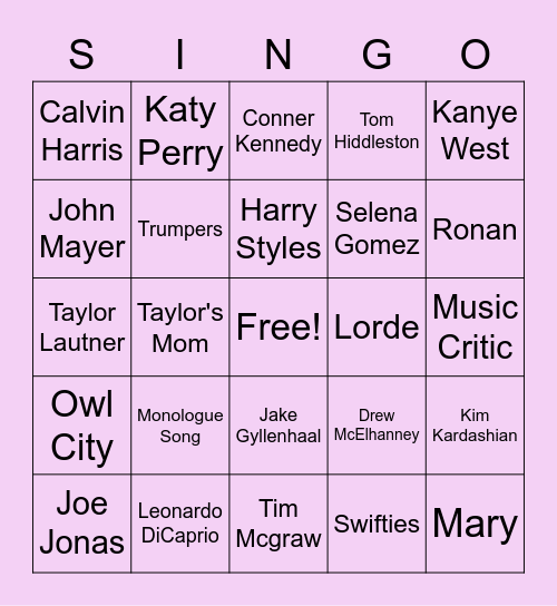 Taylor Swift Influectial People Bingo Card