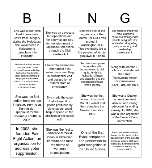 Women's History Bingo Card