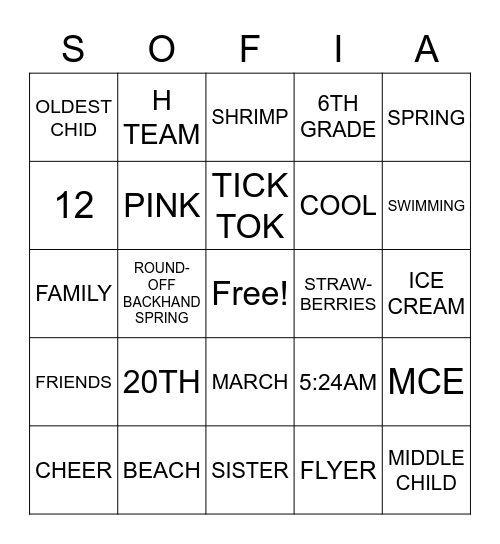 Sofia Bingo Card