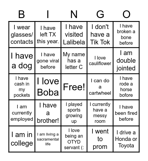 OTYD Servants Meeting Bingo Card