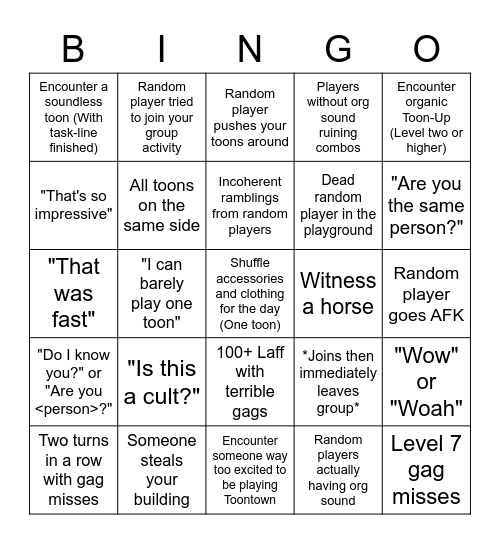Toontown Bingo Card