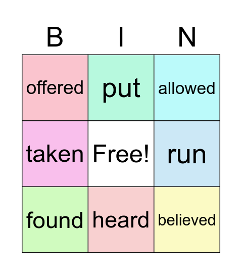 Past Participle Verbs Bingo Card