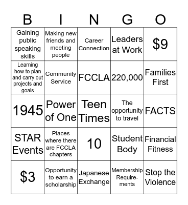 FCCLA Bingo Card