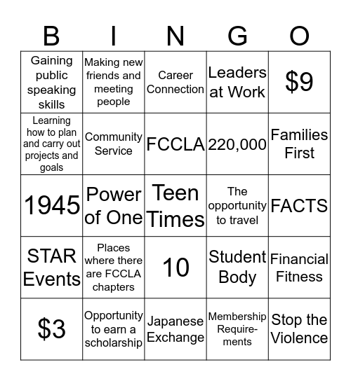 FCCLA Bingo Card