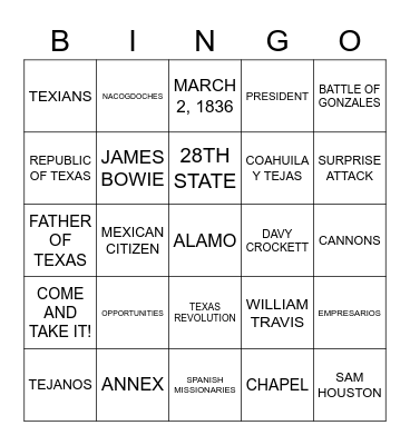 Alamo Bingo Card