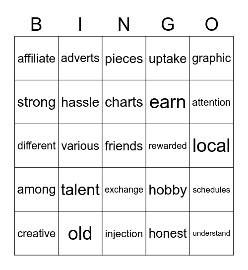 english Bingo Card