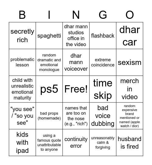 Dhar Mann Bingo Card