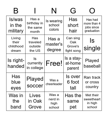 Oak Grove Class of 2012 Reunion Bingo Card