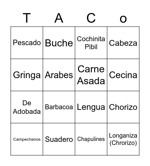 Taco Bingo Card