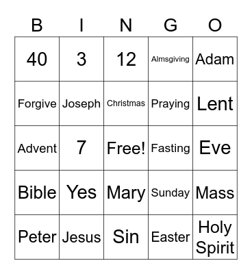 Sunday School Bingo Card